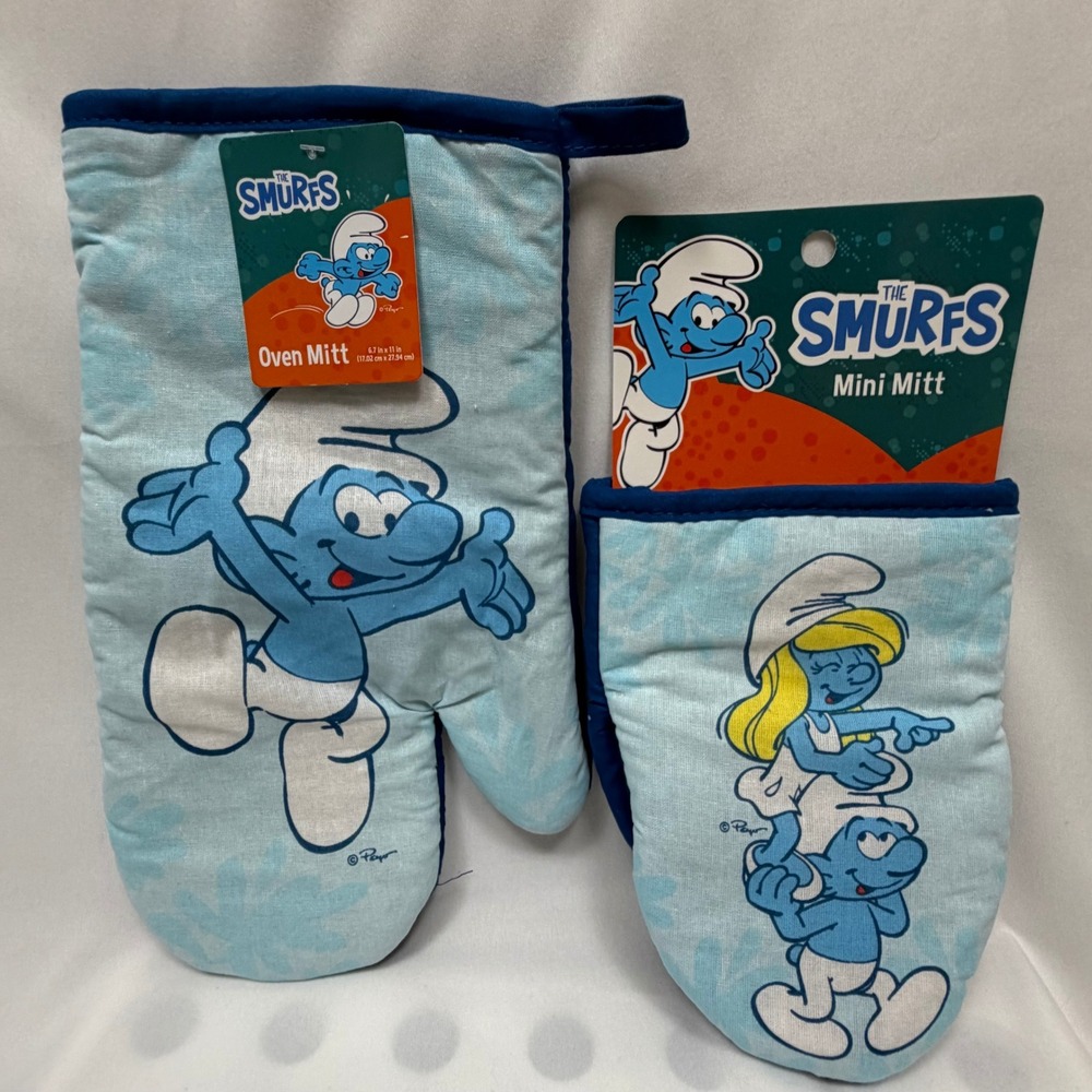 The Smurfs Oven Mitt and Mini Mitt Set Blue Cotton Kitchen Linens NWT